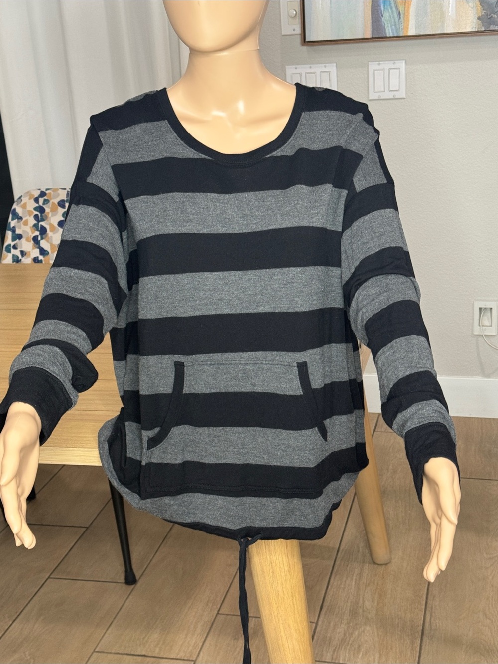 Kensie Large Black Gray Striped Oversized Tunic Sweatshirt Kangaroo Pocket